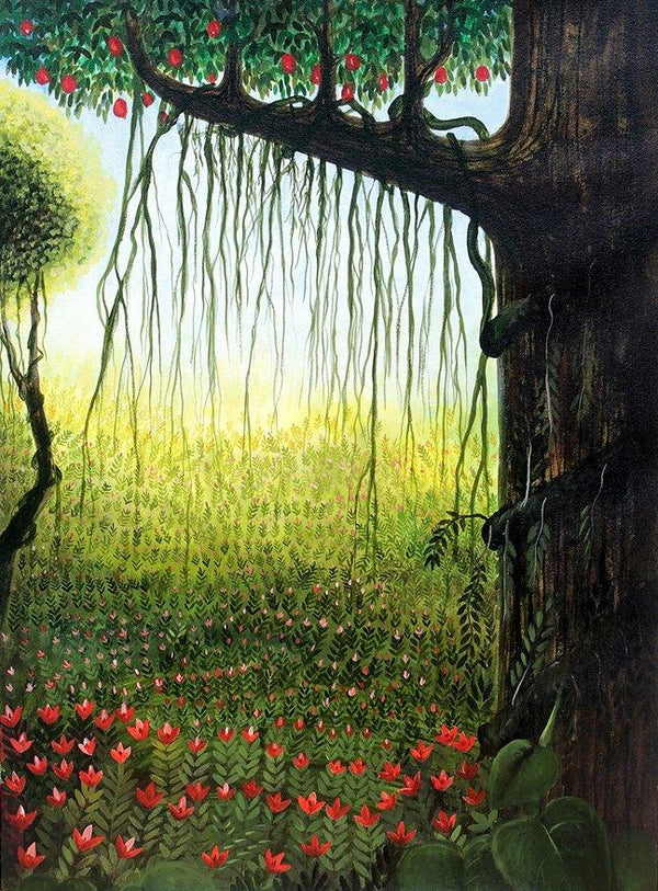 Surrealist acrylic painting titled 'Garden View', 33x24 inches, by artist Seby Augustine on Canvas