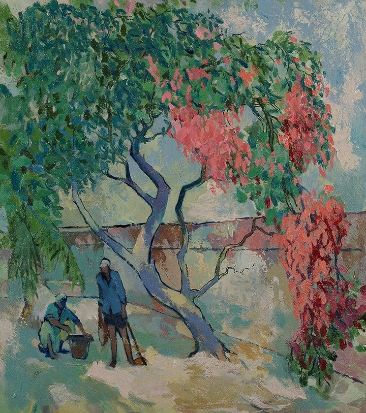 Nature oil painting titled 'Gardening', 34x30 inches, by artist Sikandar Mulla on Canvas