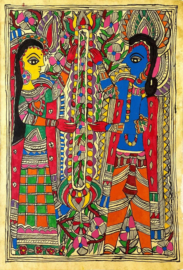 Folk Art madhubani traditional art titled 'Garland Ceremony', 15x11 inches, by artist Asha Devi on Handmade Paper