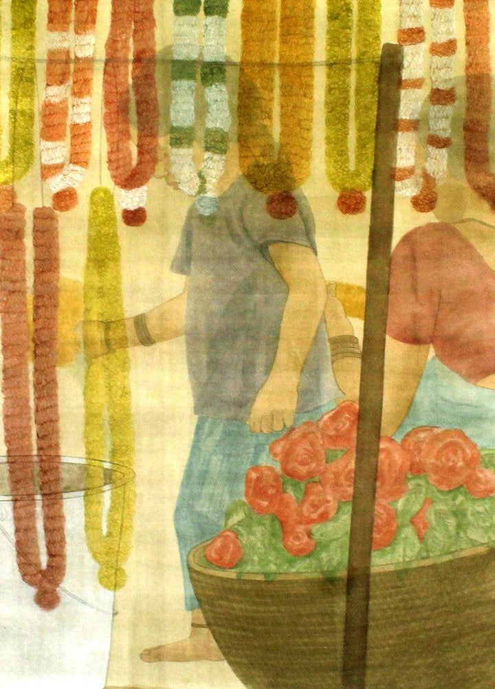 Figurative watercolor painting titled 'Garlands', 36x29 inches, by artist Gulab Kapadiya on Paper