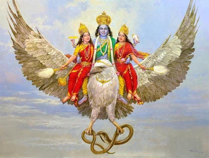 Religious oil painting titled 'Garuda The Divine Vahana Of Lord Vishnu', 36x48 inches, by artist Vasudeo Kamath on Canvas