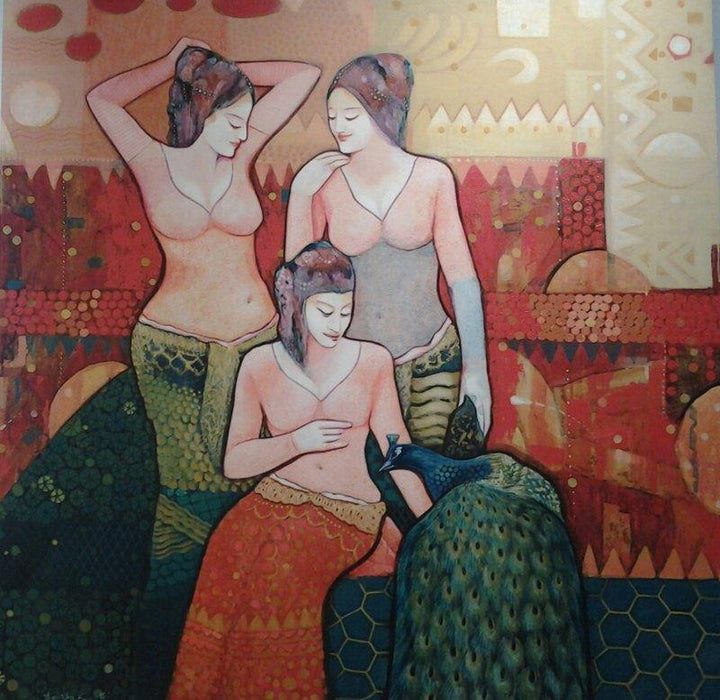 Figurative acrylic painting titled 'Gassiping II', 48x48 inches, by artist Apurba Karati on Canvas