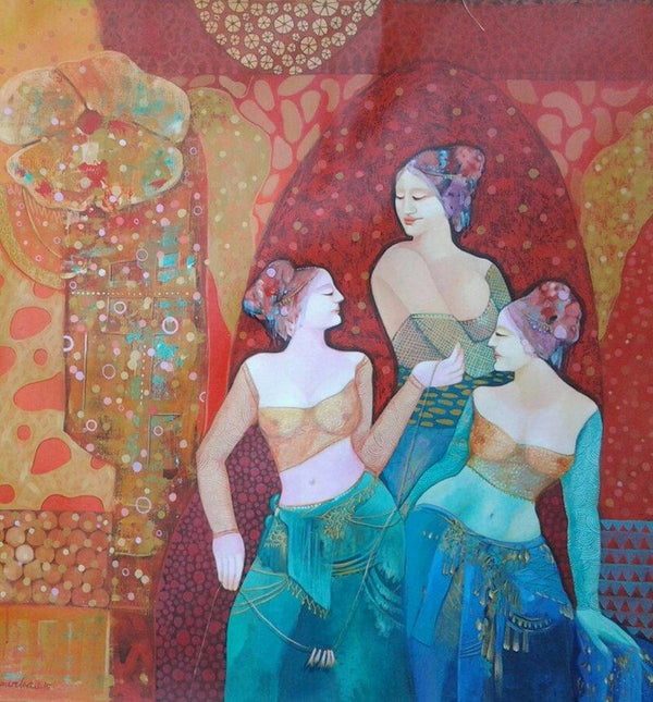 Figurative acrylic painting titled 'Gassiping III', 48x48 inches, by artist Apurba Karati on Canvas