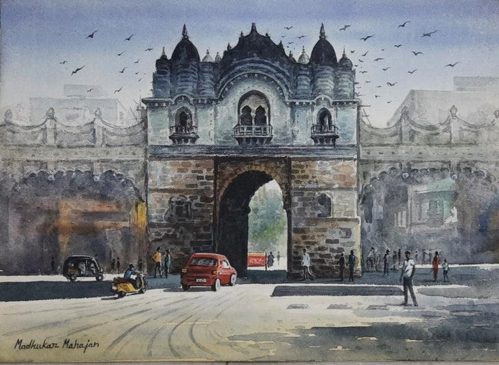 Cityscape watercolor painting titled 'Gate', 12x16 inches, by artist Madhukar Mahajan on Paper