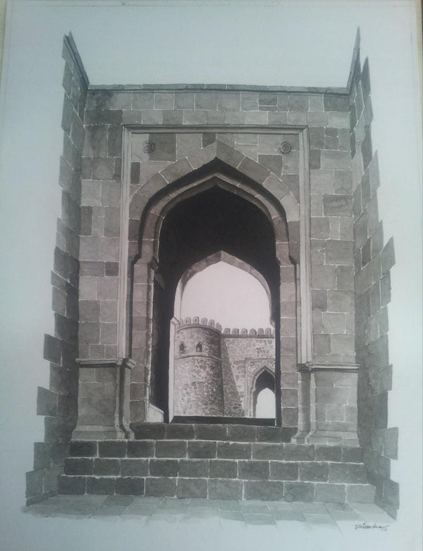 Cityscape watercolor painting titled 'Gate Of Fort', 30x24 inches, by artist Dhirendra Mandge on Paper