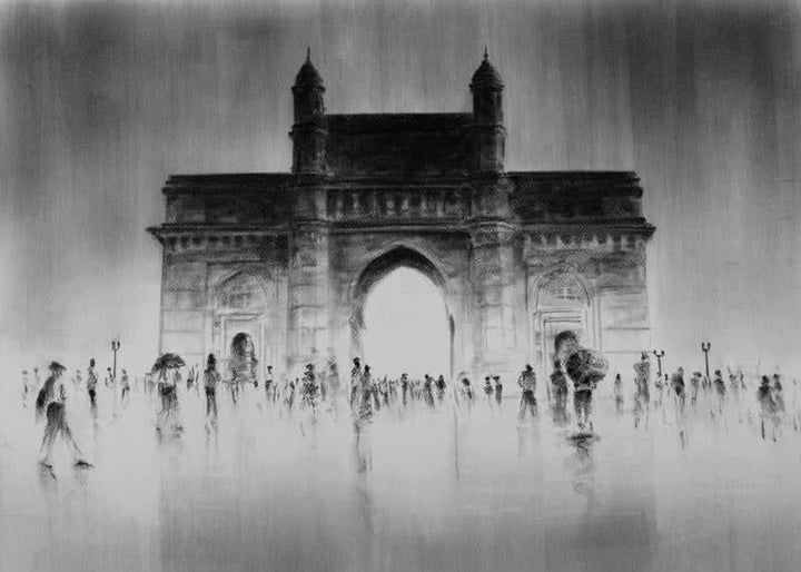 Cityscape charcoal painting titled 'Gate Of India', 20x28 inches, by artist Mukhtar Kazi on Paper