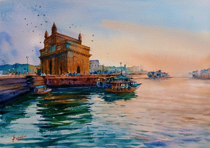 Cityscape watercolor painting titled 'Gate way of India', 20x14 inches, by artist Prasanta Maiti on Paper