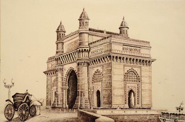 Cityscape ink drawing titled 'Gate Way Of India Bombay', 24x36 inches, by artist Aman A on Canvas