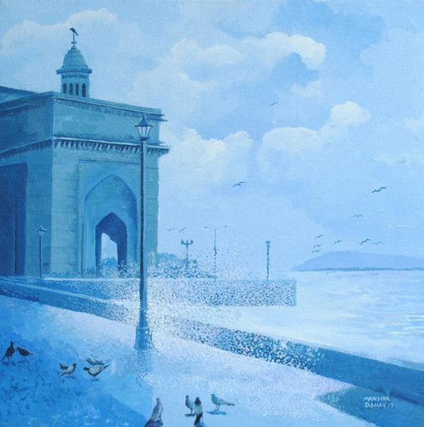 Cityscape acrylic painting titled 'Gateway', 18x18 inches, by artist Mansing Jadhav on Canvas