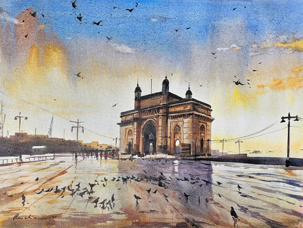 Cityscape acrylic painting titled 'Gateway India Mumbai', 18x24 inches, by artist Ranabir Saha on Canvas