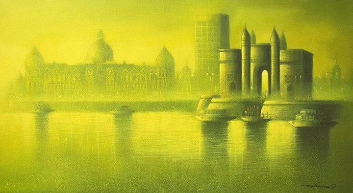 Cityscape mixed media painting titled 'Gateway Of India 1', 20x36 inches, by artist Somnath Bothe on Canvas