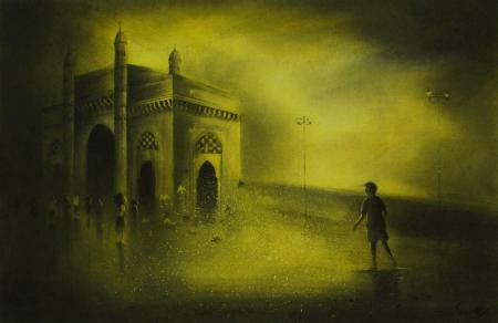 Cityscape acrylic painting titled 'Gateway Of India 2', 27x20 inches, by artist Somnath Bothe on Paper