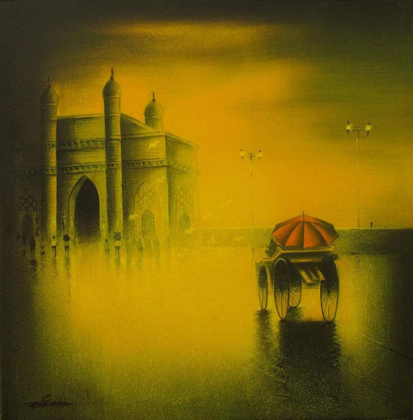 Cityscape acrylic painting titled 'Gateway Of India', 18x18 inches, by artist Somnath Bothe on Canvas