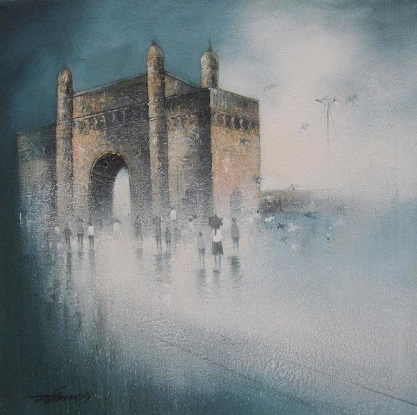 Cityscape charcoal drawing titled 'Gateway Of India Mumbai', 18x18 inches, by artist Somnath Bothe on Canvas