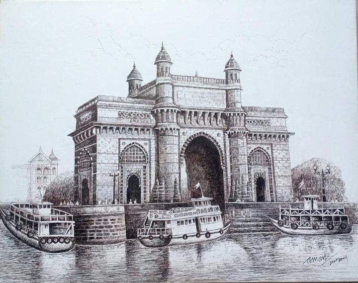 Cityscape pen ink drawing titled 'Gateway Of India Mumbai From Arabian Sea', 18x24 inches, by artist Aman A on Canvas