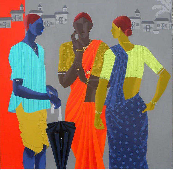 Figurative acrylic painting titled 'Gather', 36x36 inches, by artist Abhiram Bairu on Canvas