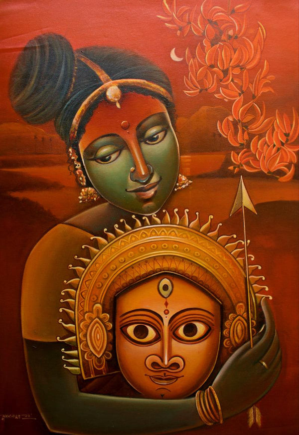 Religious acrylic painting titled 'Gauri', 30x24 inches, by artist Sumon Naskar on Canvas