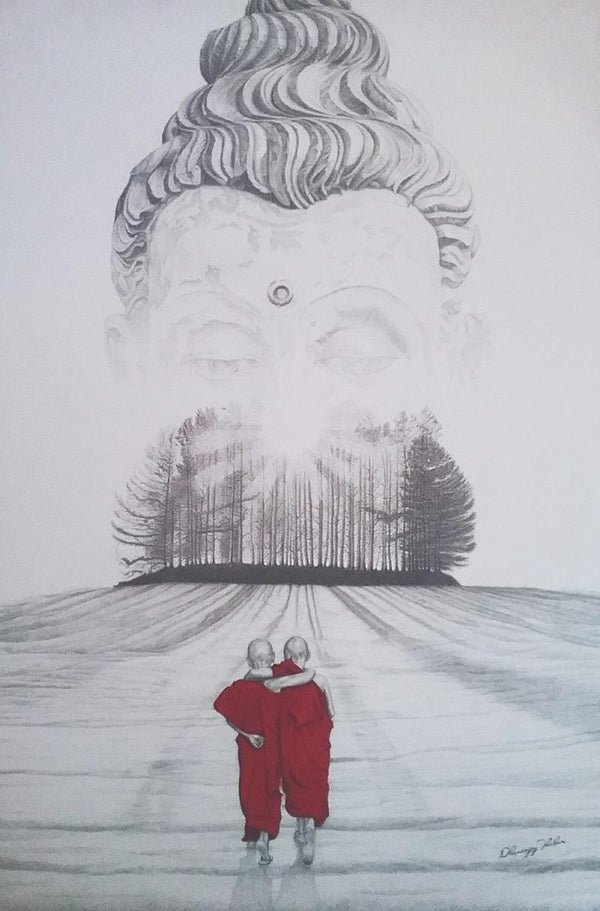 Religious pen ink drawing titled 'Gautama Buddha 1', 54x36 inches, by artist Dhananjay Thakur on Canvas