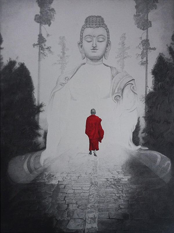 Religious pen ink drawing titled 'Gautama Buddha 2', 48x36 inches, by artist Dhananjay Thakur on Canvas