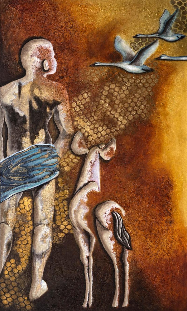 contemporary mixed-media painting titled 'Gaze 3', 60x36 inch, by artist Ruchi Singhal on Canvas