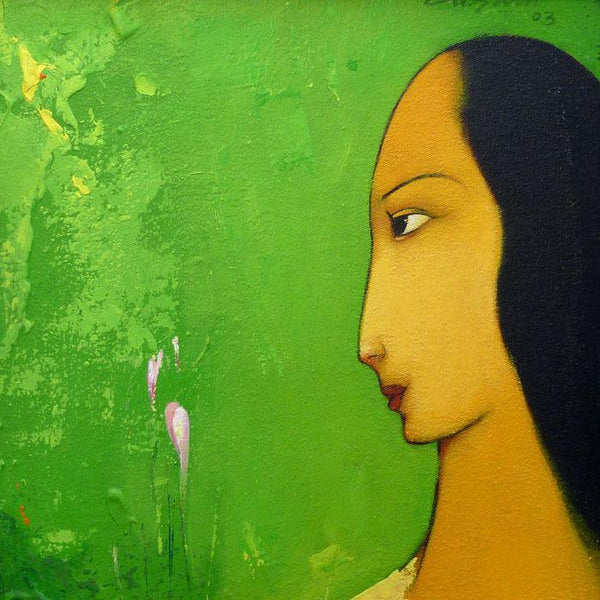 Figurative acrylic painting titled 'Gazing Woman', 12x12 inches, by artist Giram Eknath on Canvas