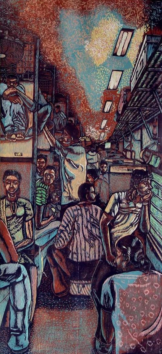 Figurative printmaking titled 'General Compartment', 72x66 inches, by artist Rajeswara Rao Dadda on Paper