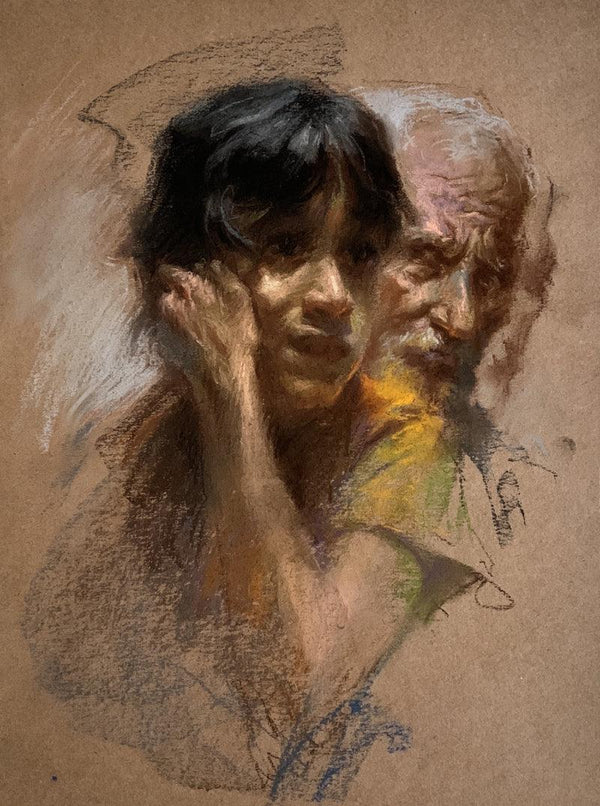 Figurative soft pastel drawing titled 'Generation', 22x18 inches, by artist Abhijeet Patole on Paper