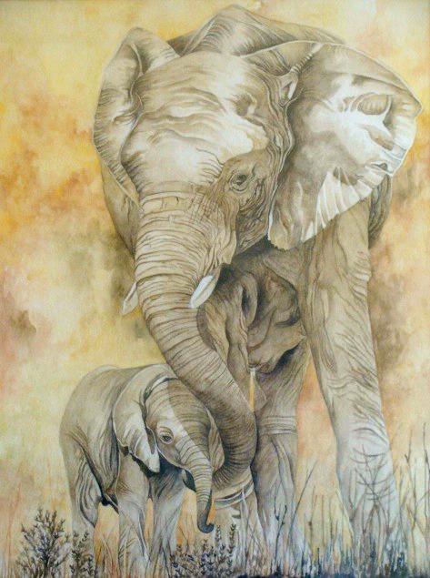 Animals watercolor painting titled 'Gentle Giants', 18x14 inches, by artist Anjana Sihag on Paper