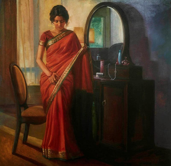 Figurative oil painting titled 'Getting Ready', 36x36 inches, by artist Ramesh Nanware on Canvas