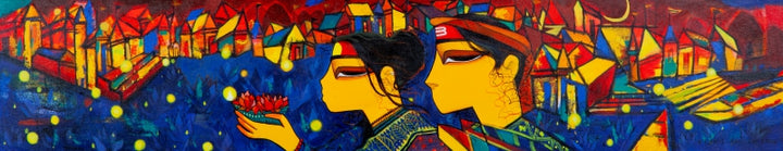 Figurative acrylic painting titled 'Ghaat', 12x60 inch, by artist Vijay Shelar on Canvas