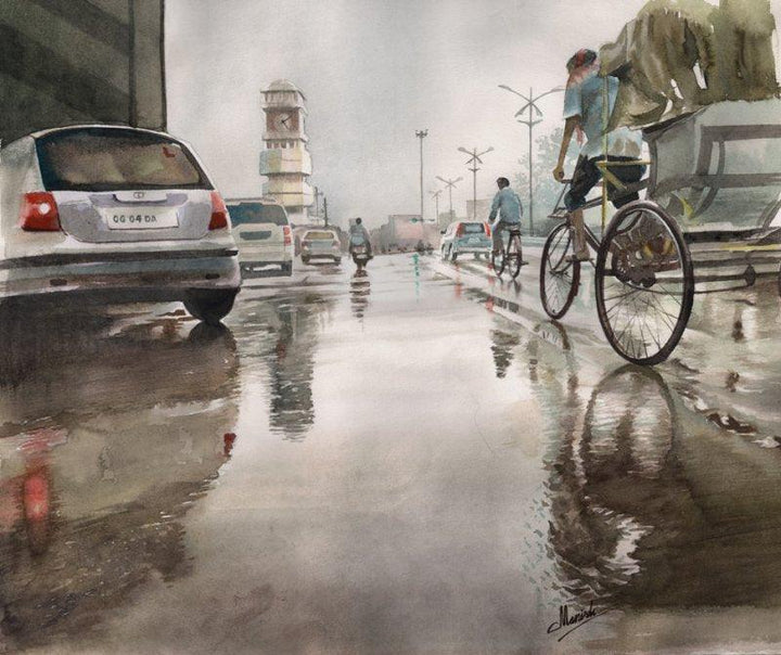 Cityscape watercolor painting titled 'Ghari Chowk 60', 15x18 inches, by artist Manish Sharma on paper