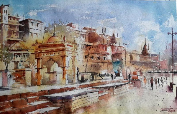 Landscape watercolor painting titled 'Ghat', 22x17 inches, by artist Siddhanath Tingare on Paper