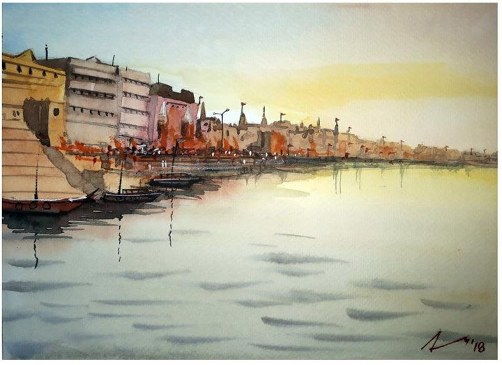 Cityscape watercolor painting titled 'Ghats Of Varanasi', 7x11 inches, by artist Arunava Ray on Paper