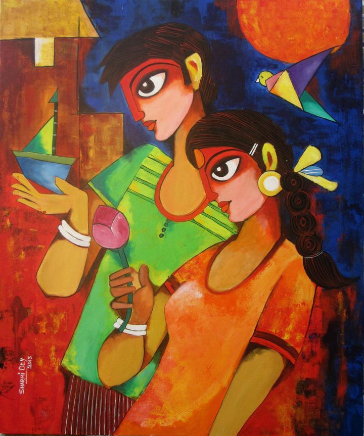 Figurative acrylic painting titled 'GIFT OF LOVE', 36x30 inches, by artist Sharmi Dey on Canvas