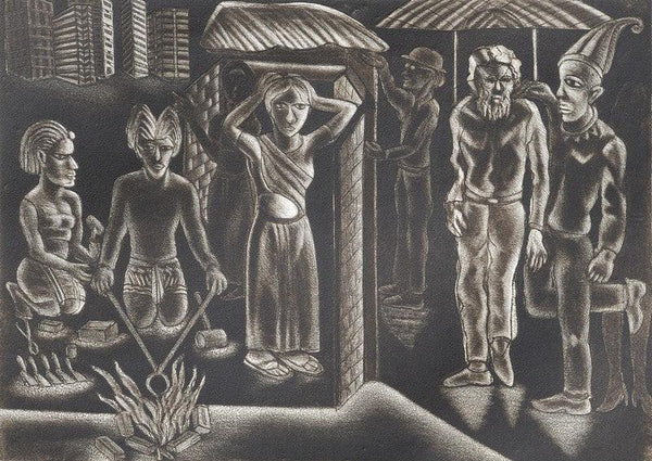 Figurative printmaking titled 'Gipsy Family 2', 13x19 inches, by artist Sushanta Guha on Paper