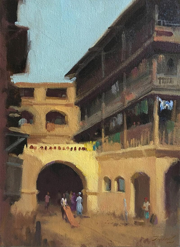 Cityscape oil painting titled 'Girgaon', 16x12 inches, by artist Paresh Thukrul on Canvas