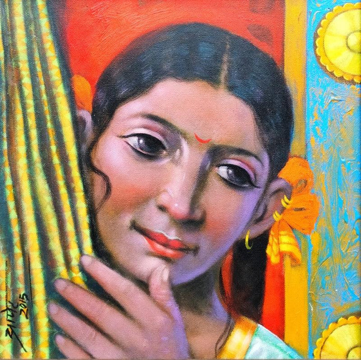 Figurative acrylic painting titled 'Girl 1', 14x14 inches, by artist Apet Pramod on Canvas