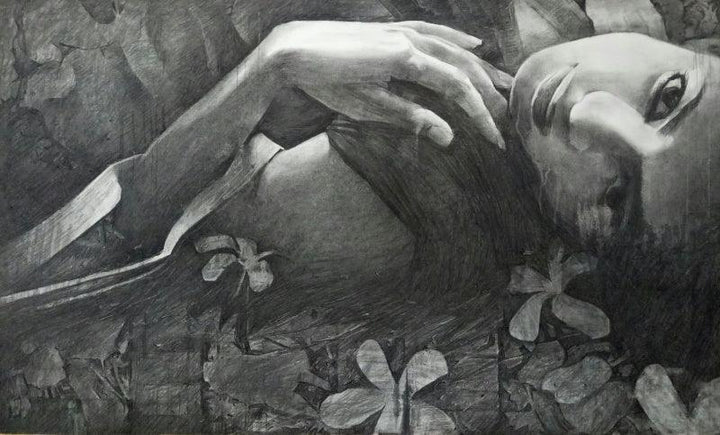 Figurative charcoal painting titled 'Girl', 42x60 inches, by artist Ajay Sangve on paper