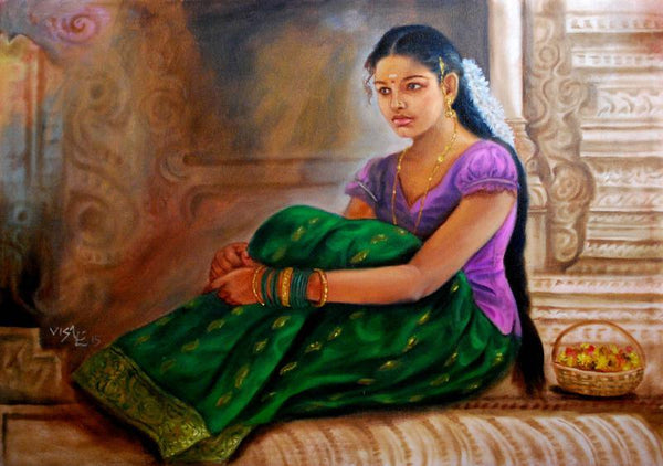 Figurative oil painting titled 'Girl At Temple', 23x32 inches, by artist Vishalandra Dakur on Canvas