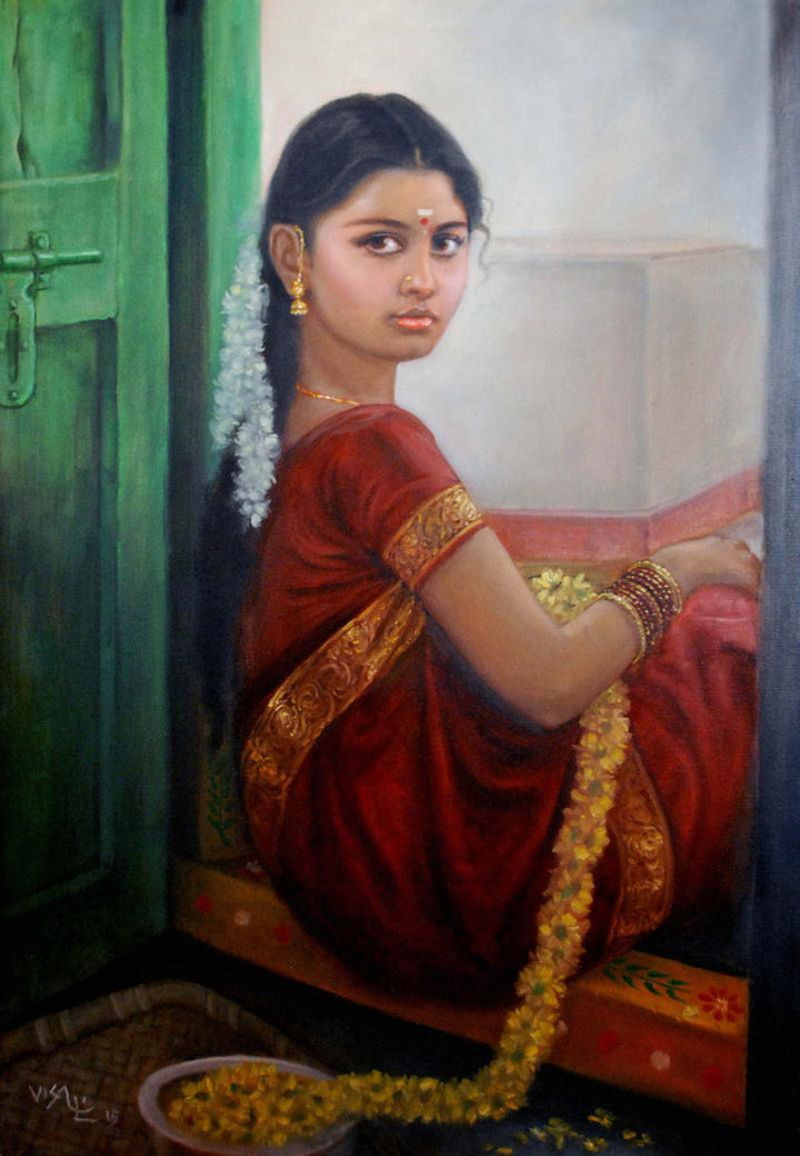 Figurative oil painting titled 'Girl By Door', 32x23 inches, by artist Vishalandra Dakur on Canvas