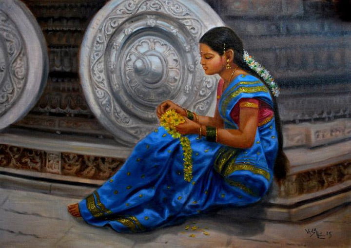 Figurative oil painting titled 'Girl By Humpi Wheels', 23x32 inches, by artist Vishalandra Dakur on Canvas