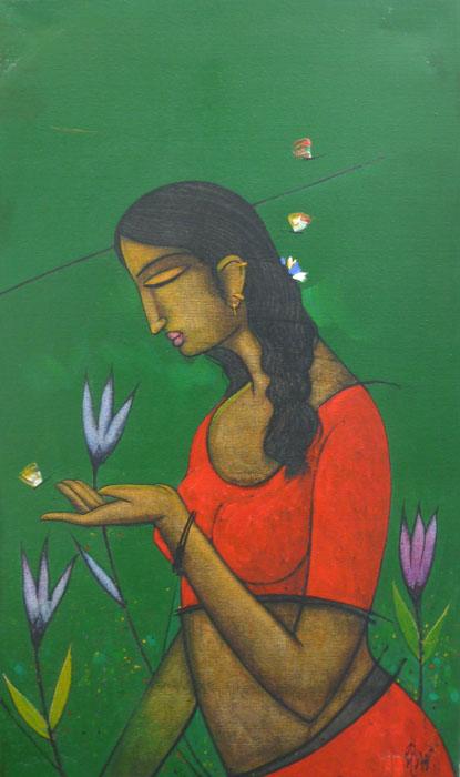 Figurative acrylic painting titled 'Girl Catching Butterfly', 36x20 inches, by artist Sanjay Tikkal on Canvas