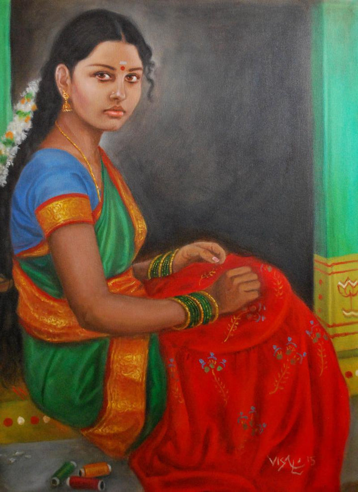 Figurative oil painting titled 'Girl Doing Embroidery', 32x23 inches, by artist Vishalandra Dakur on Canvas