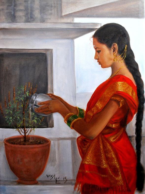 Figurative oil painting titled 'Girl Doing Tulsi Pooja', 32x23 inches, by artist Vishalandra Dakur on Canvas