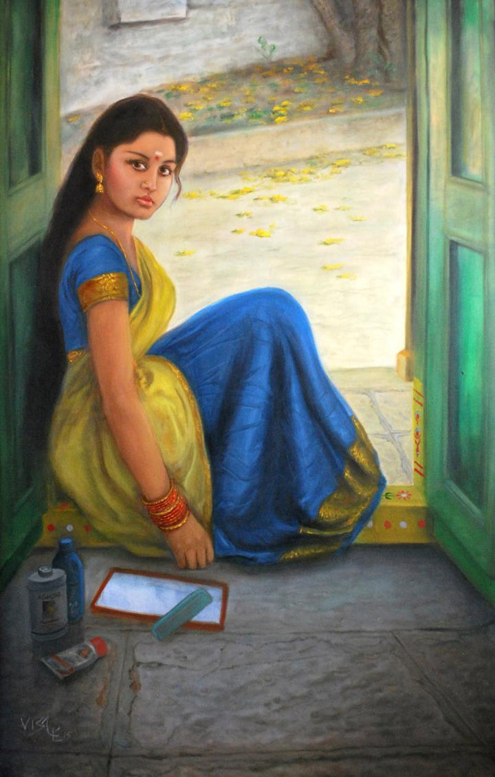 Figurative oil painting titled 'Girl Dressing Up', 48x32 inches, by artist Vishalandra Dakur on Canvas