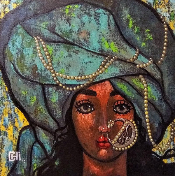 Portrait acrylic painting titled 'Girl In A Turban 1', 20x20 inches, by artist Suruchi Jamkar on Canvas