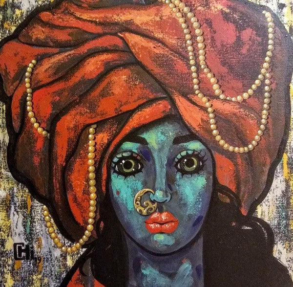 Portrait acrylic painting titled 'Girl In A Turban 2', 20x20 inches, by artist Suruchi Jamkar on Canvas