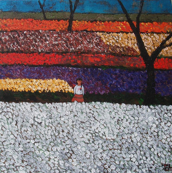 Nature acrylic painting titled 'Girl In Flower Fields', 18x18 inches, by artist Suruchi Jamkar on Canvas