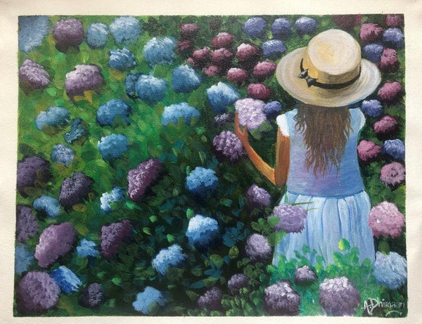 Figurative acrylic painting titled 'Girl in Hydrangea garden', 12x16 inches, by artist Anu Dhimaan on canvas