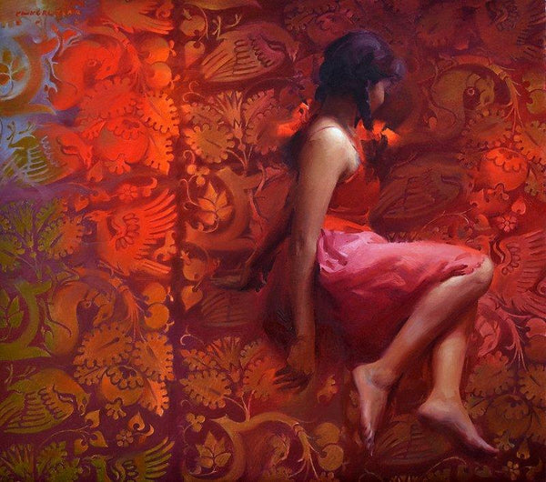 Figurative oil painting titled 'Girl in Red', 30x34 inches, by artist Pramod Kurlekar on Canvas